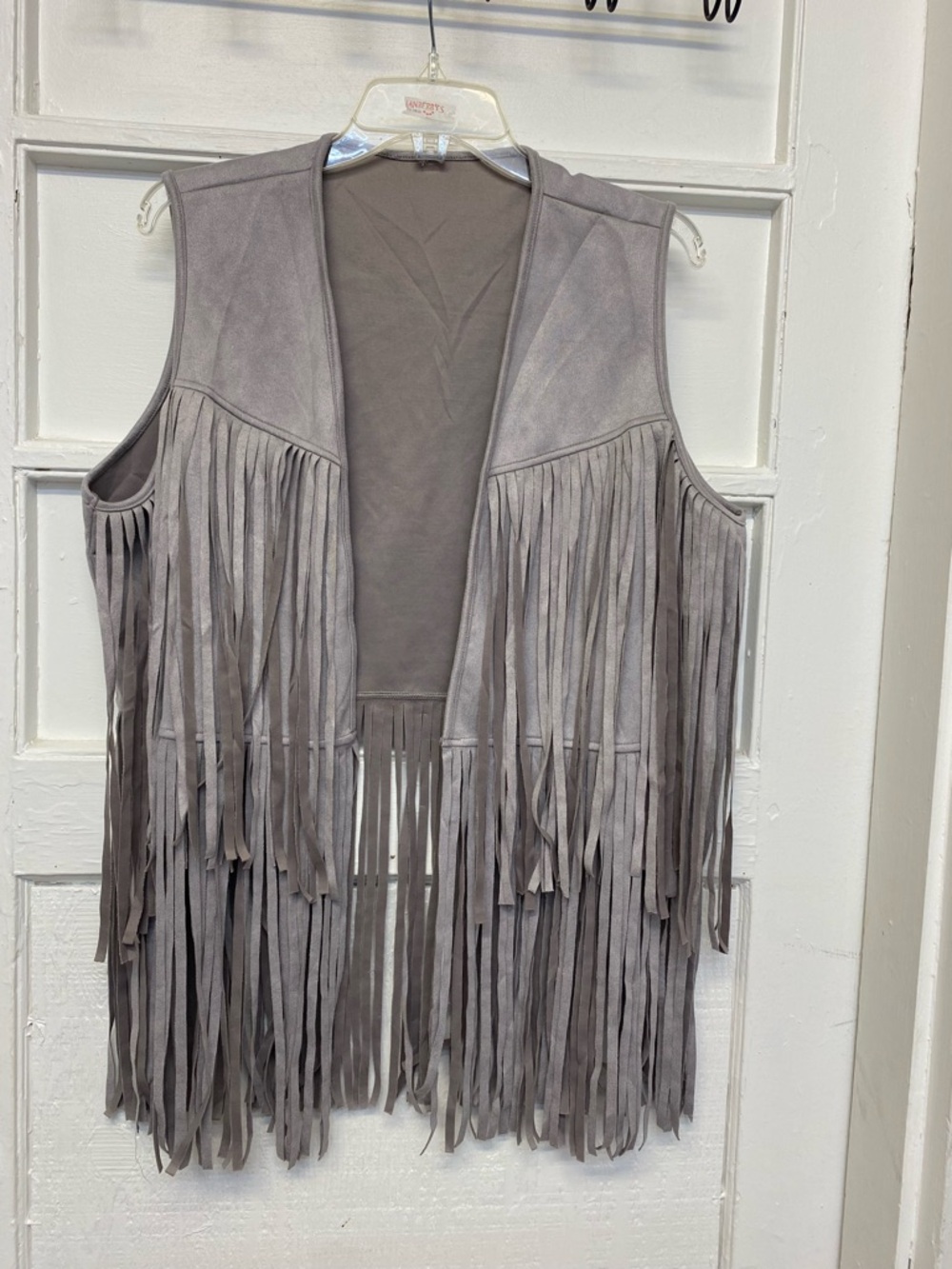 women's faux suede fringe vest size Large gray color